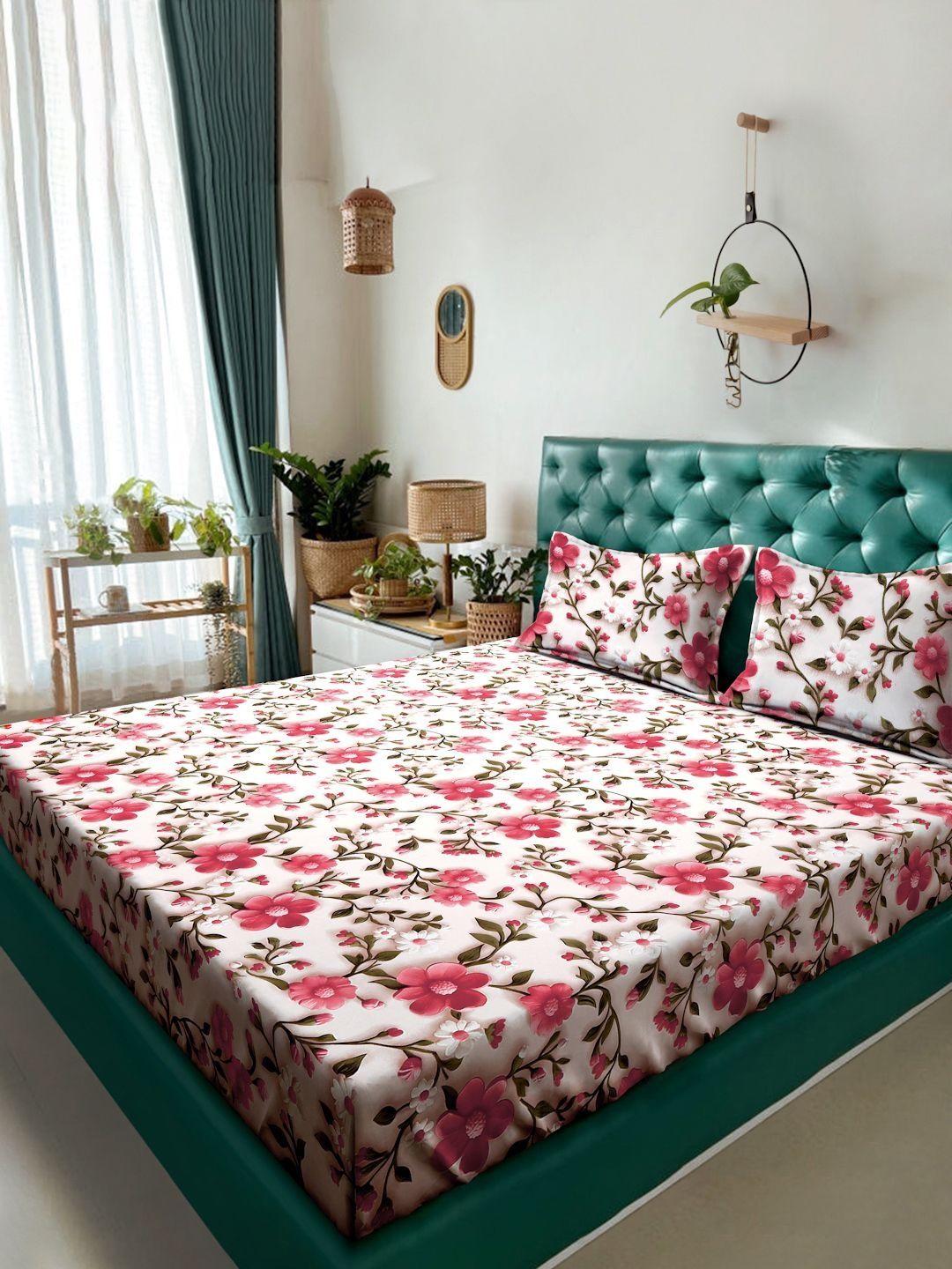 Myntra Elegant White & Pink Printed Flat 300 TC King 7D Bedsheet With 2 Pillow Cover