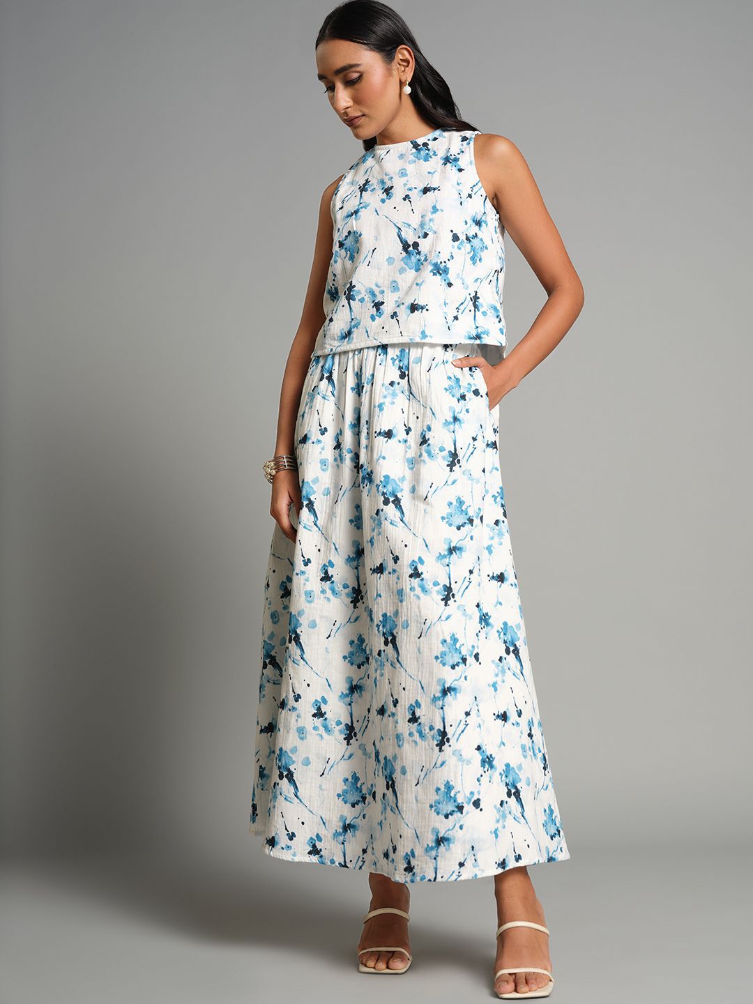 AND Printed Round Neck Pure Cotton Top With Skirts