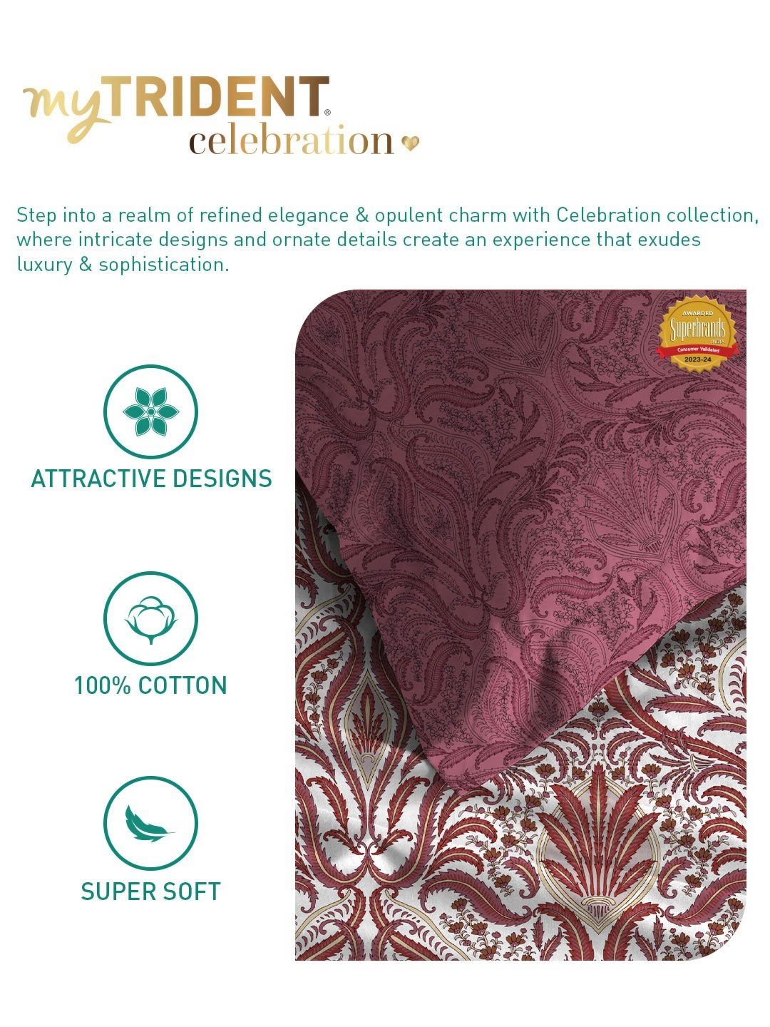 MYTRIDENT Gulnaz Red Celebration Flat 144TC Queen Cotton 1 Bedsheet with 2 Pillow Covers