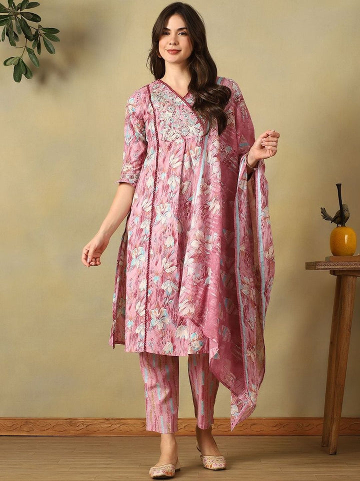 Mamicha Women Floral Printed Angrakha Thread Work Pure Cotton Kurta with Trousers & With Dupatta