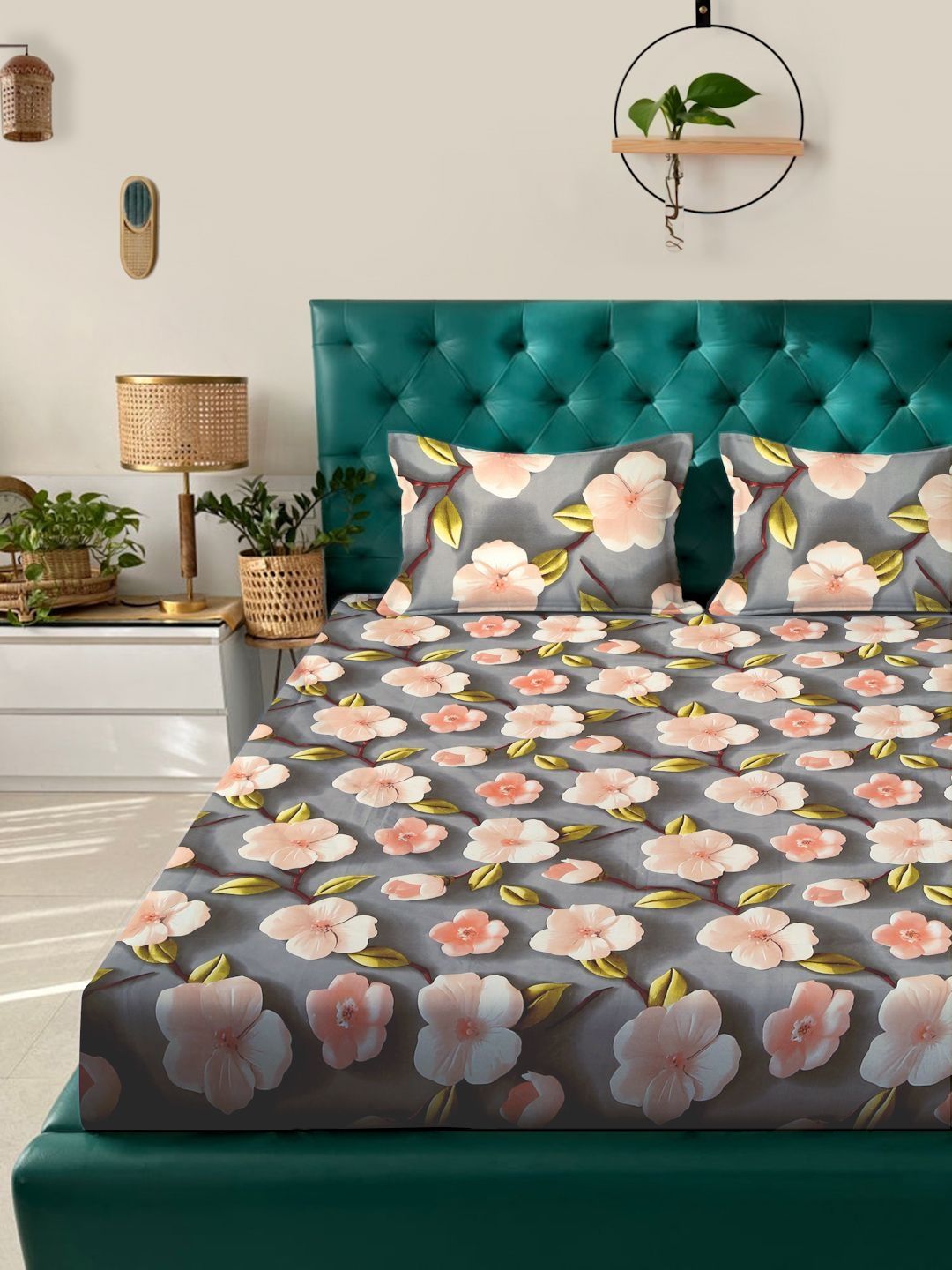 Myntra Elegant Grey Floral 300 TC King 7D Bedsheet with 2 Pillow Covers