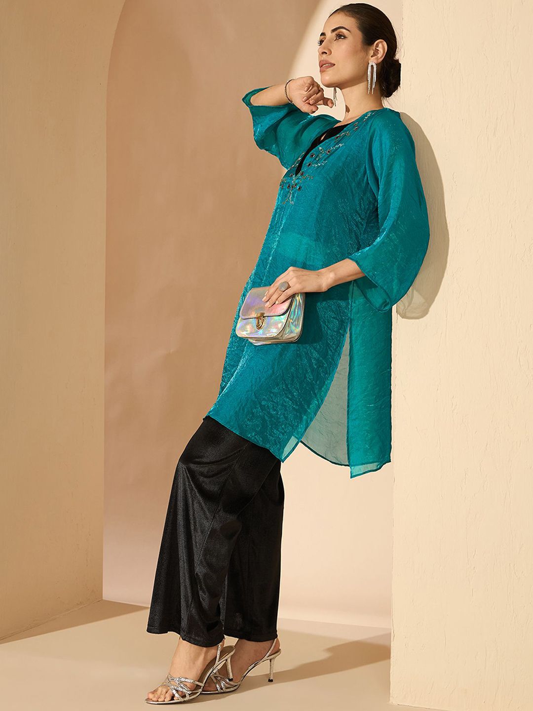 Antheaa Silk Embellished V-Neck Tunic with Trousers