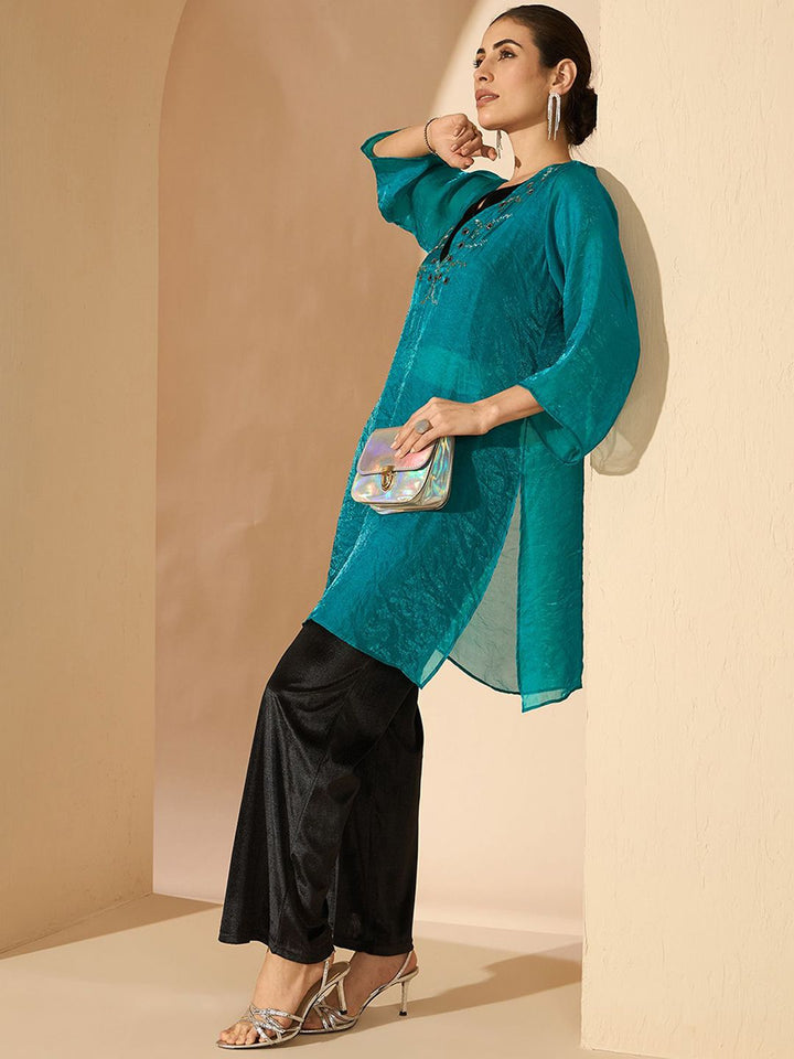 Antheaa Silk Embellished V-Neck Tunic with Trousers