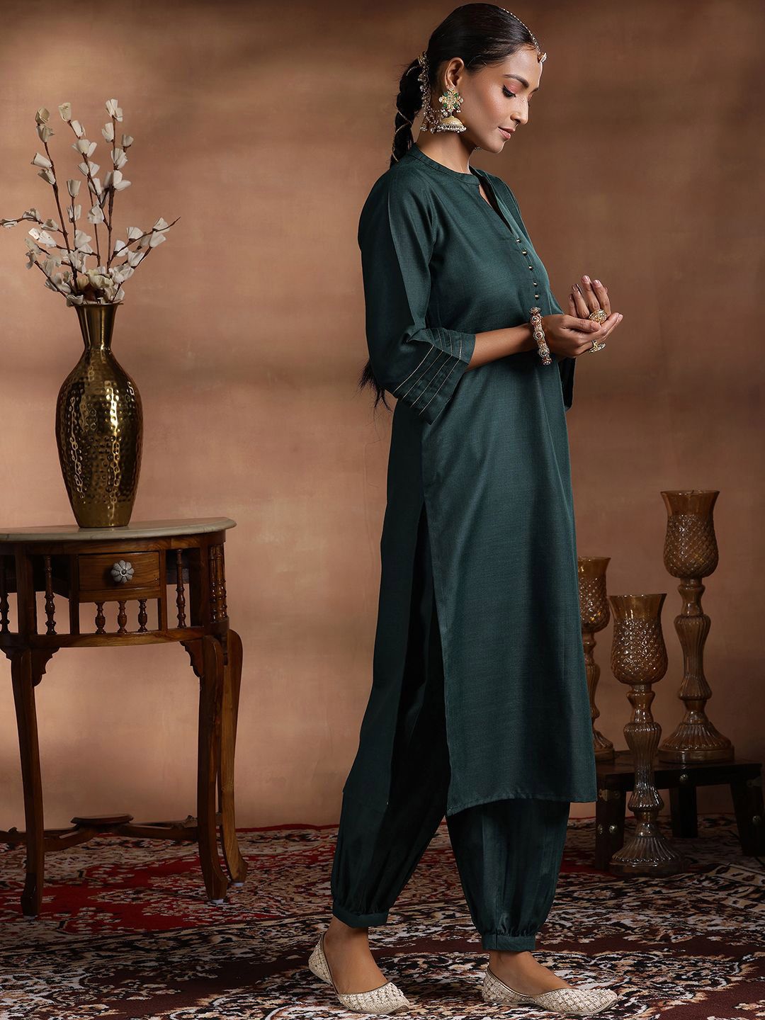 Libas Mandarin Collar Zari Straight Kurta With Salwar & Dupatta