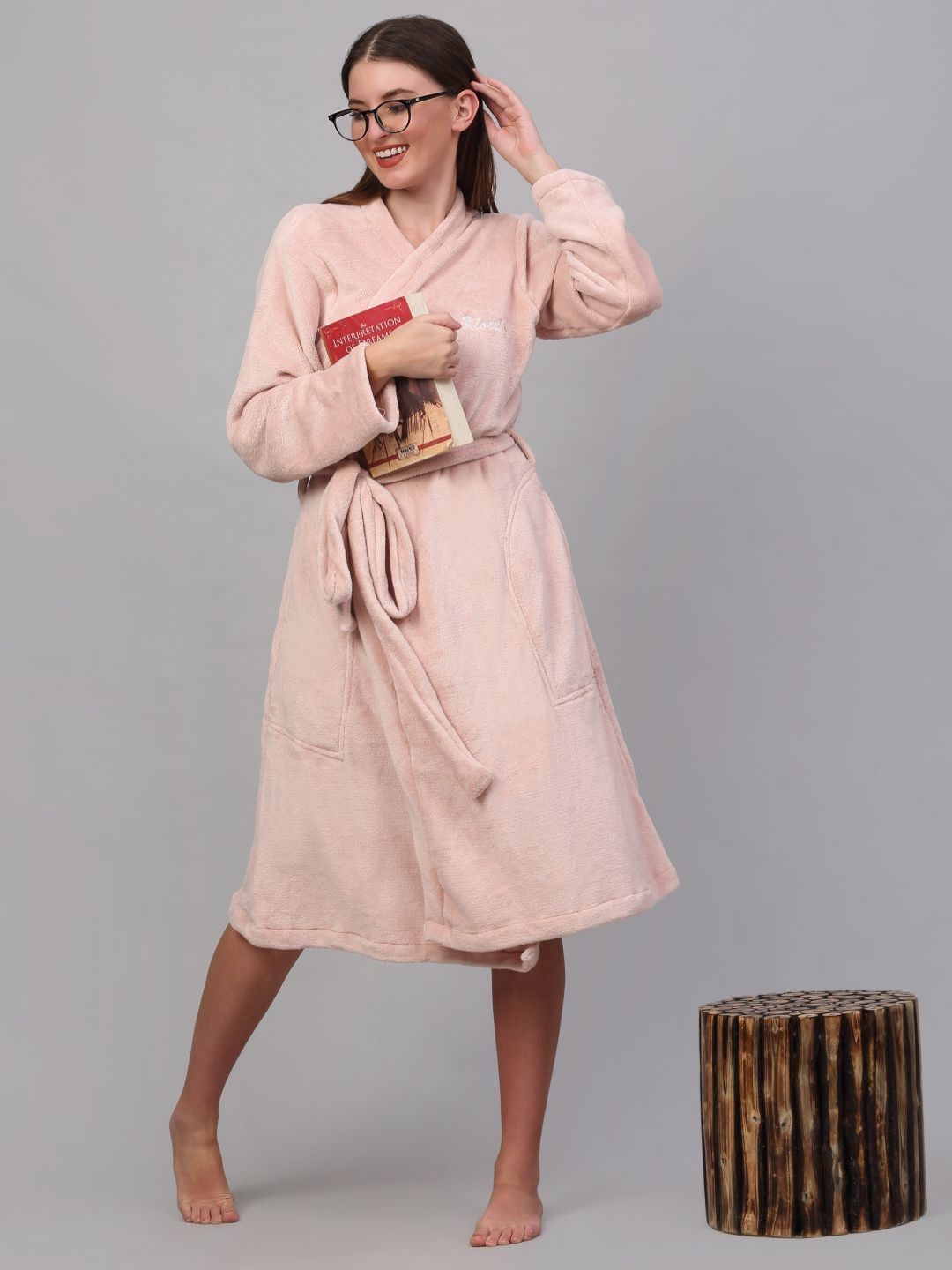 KLOTTHE Pink Shawl Collar Bath Robe With Belt
