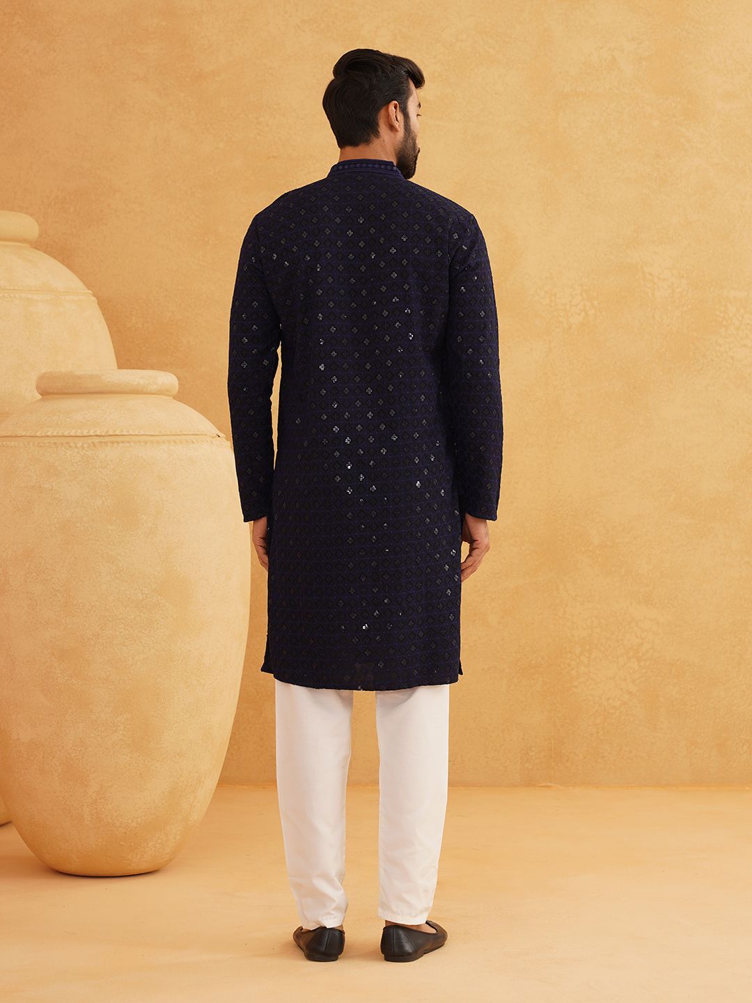 SOJANYA Ethnic Motifs Embroidered Mandarin Collar Sequinned Pure Cotton Straight Kurta