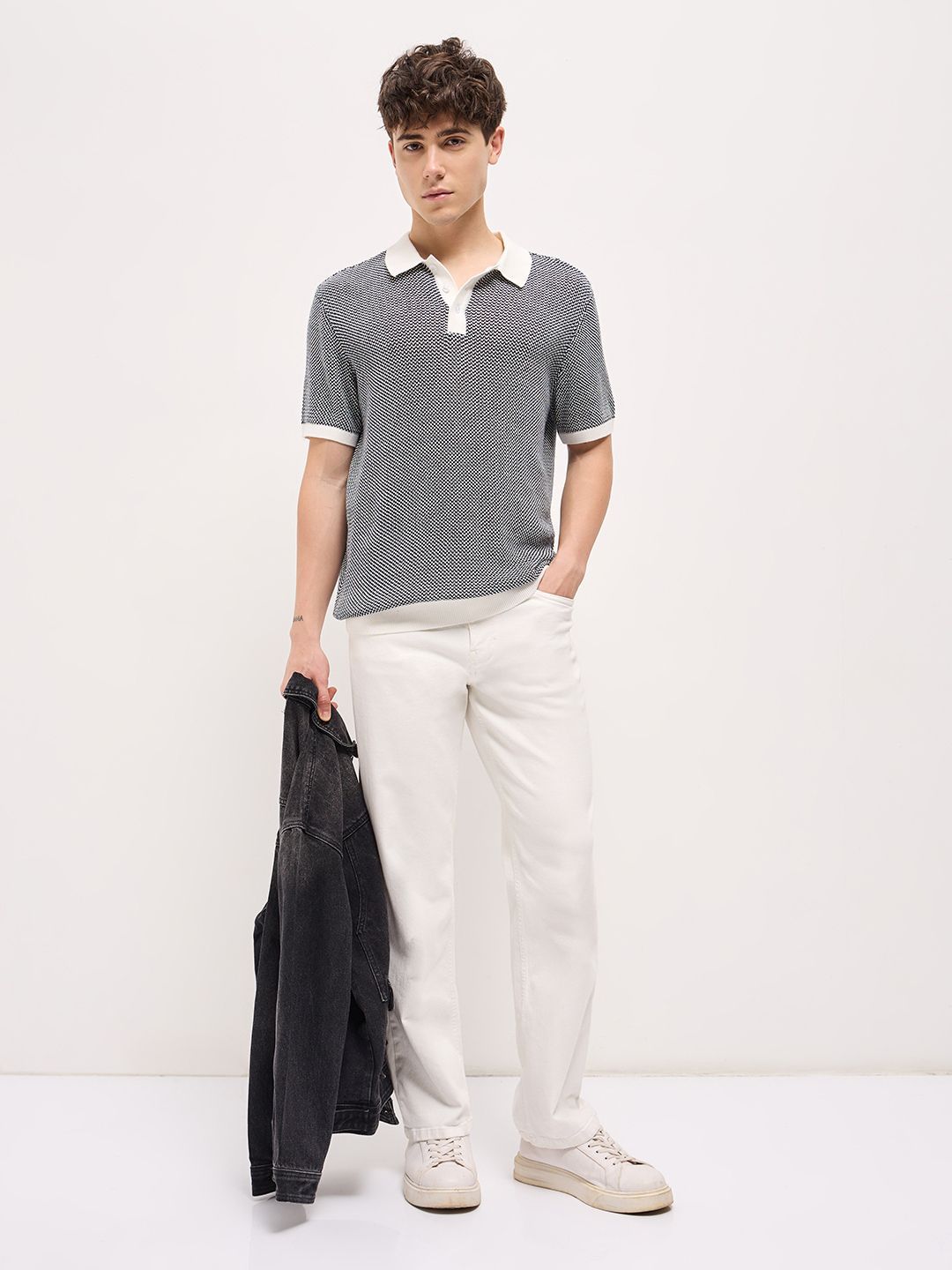THE BEAR HOUSE Men Self Design Polo Collar Cotton T-shirt