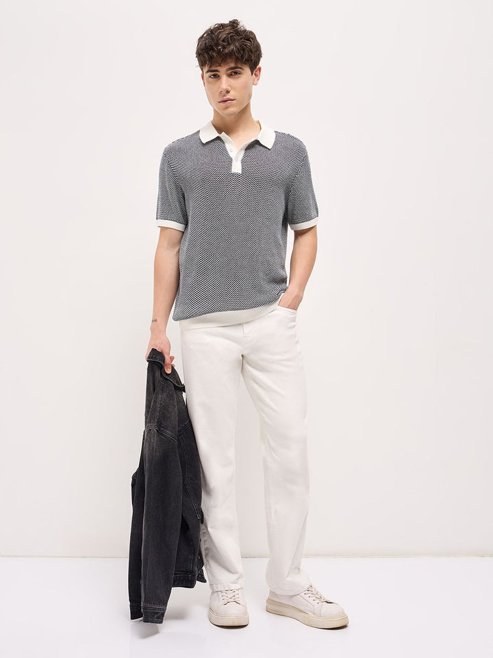 THE BEAR HOUSE Men Self Design Polo Collar Cotton T-shirt