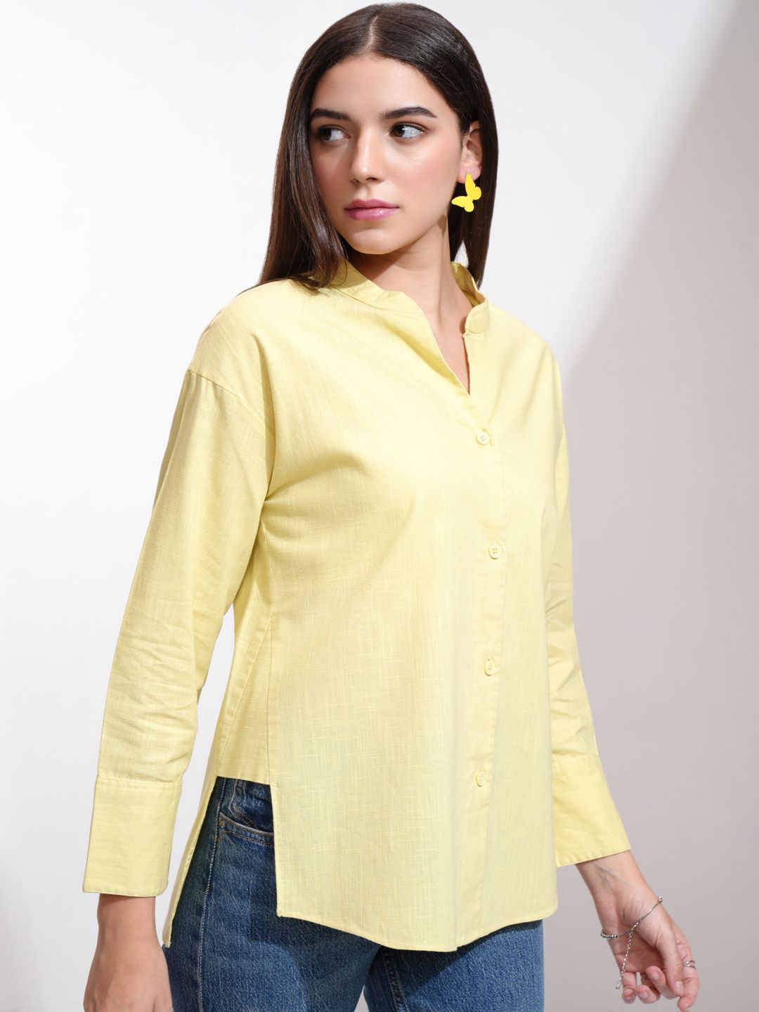 Tokyo Talkies Women Button Down Drop Shoulder Cotton Shirt