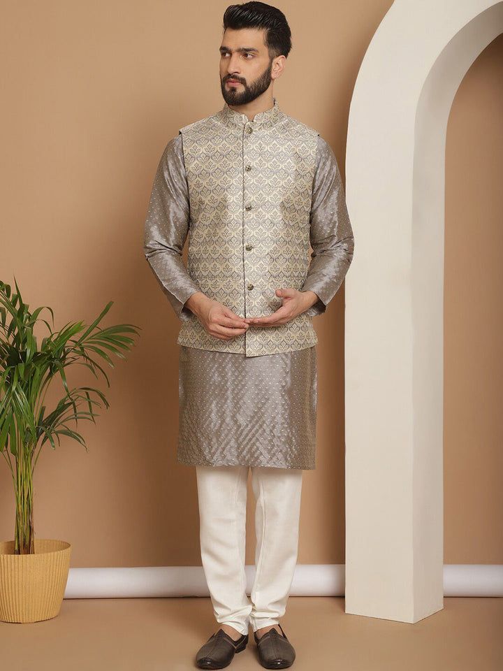 Anouk Mandarin Collar Knee Length Regular Embroidered Kurta with Churidar