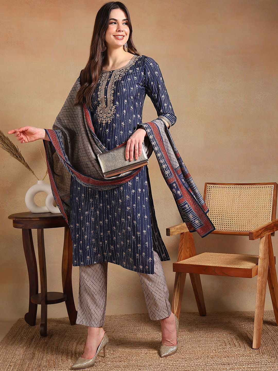 KALINI Floral Embroidered Zari Straight Silk Blend Kurta With Trousers & Dupatta