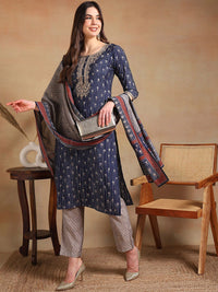 KALINI Floral Embroidered Zari Straight Silk Blend Kurta With Trousers & Dupatta