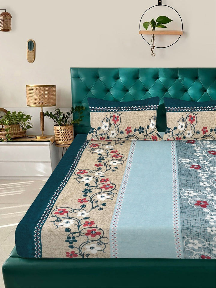 KLOTTHE Beige & Grey Floral Printed Flat 300 TC King Double Bedsheet With 2 Pillow Cover