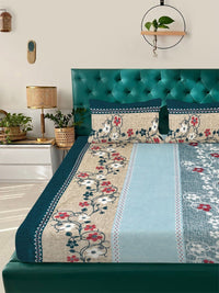 KLOTTHE Beige & Grey Floral Printed Flat 300 TC King Double Bedsheet With 2 Pillow Cover