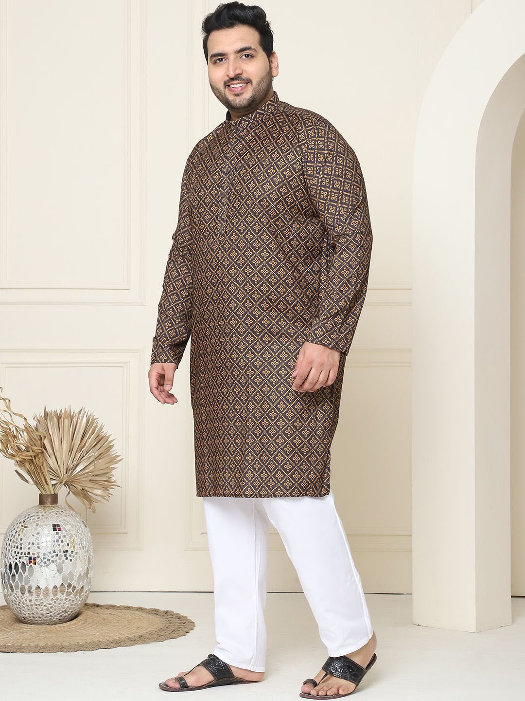 SOJANYA PLUS Motif Etnik Bercetak Kolar Mandarin Kurta Lurus Kapas Tulen dengan Piyama