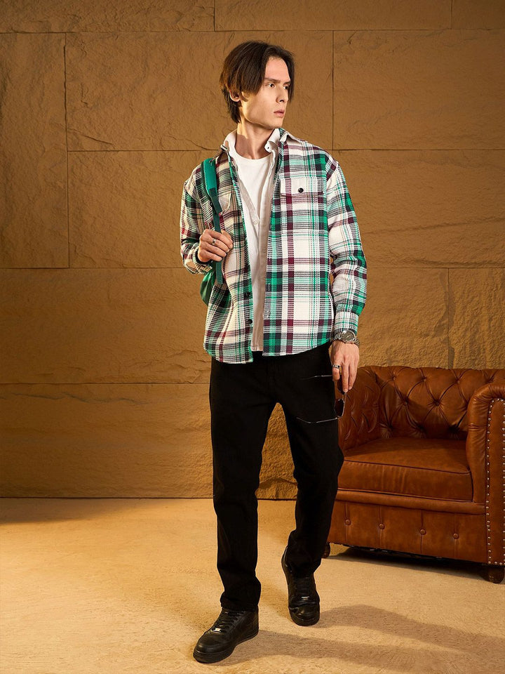 DENNISON Men Double Pocket Drop Shoulder Oversized Cotton Checked Shacket