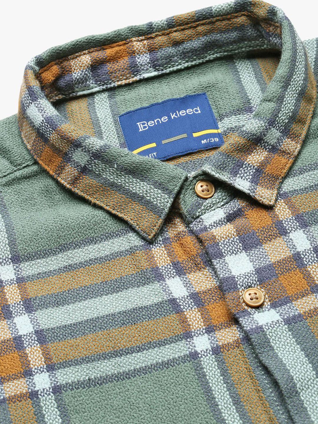 Bene Kleed Men Tartan Checked Spread Collar Cotton Casual Shirt