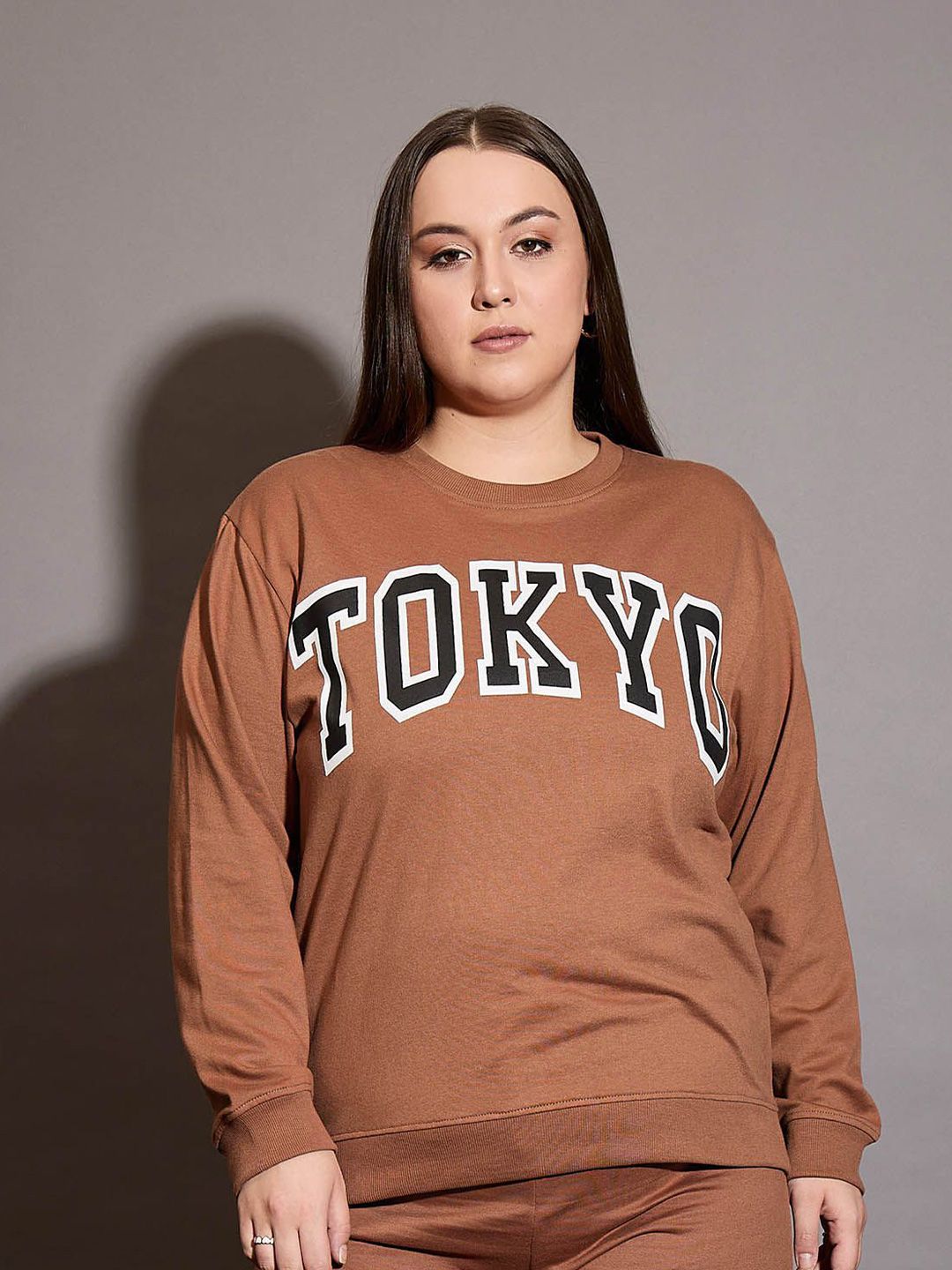 SASSAFRAS Curve Women Cotton Round Neck Plus Size Typography Printed Sweatshirt