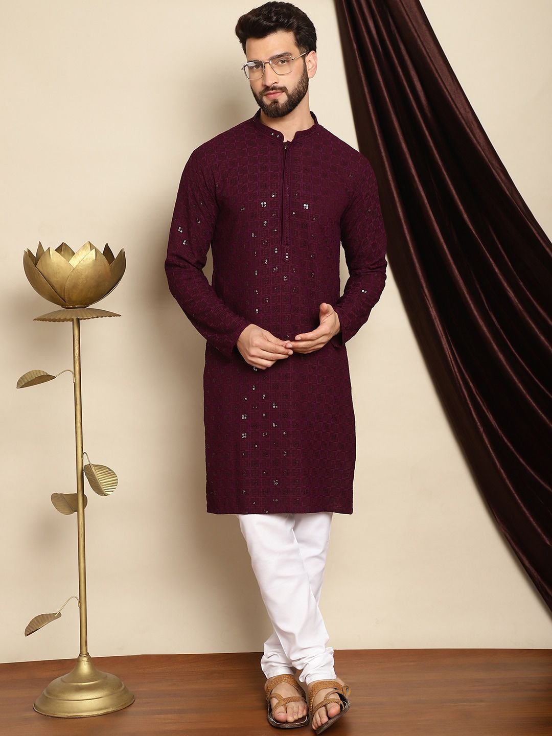 Anouk Geometric Embroidered Sequined Mandarin Collar Pure Cotton Kurta With Churidar