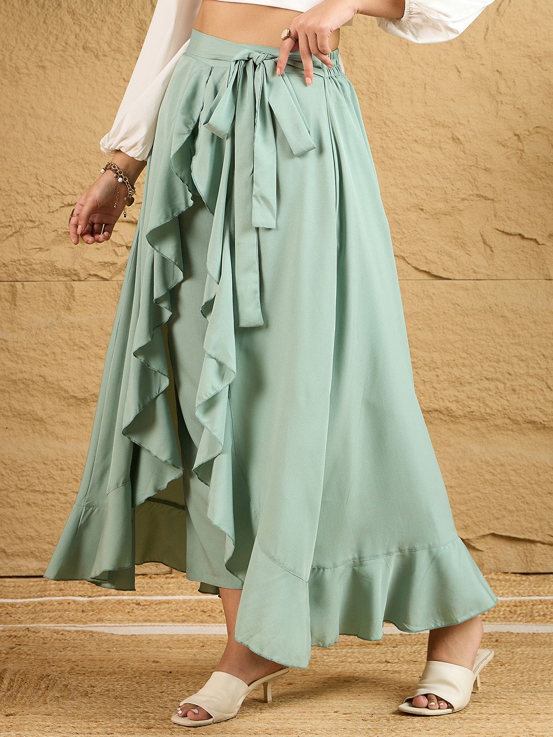 Berrylush Women Ruffled Flared Maxi Skirt With Attached Trousers