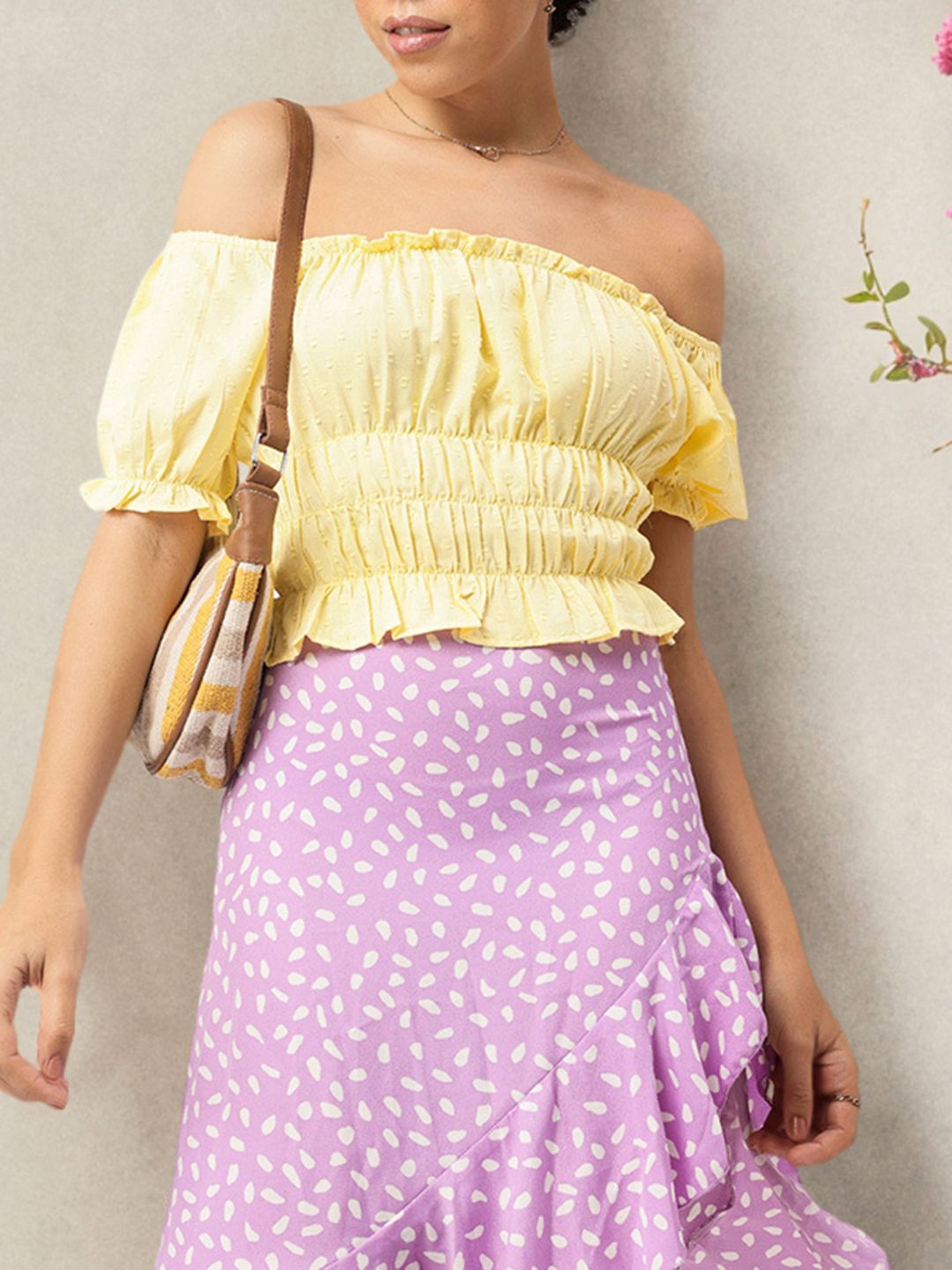 DressBerry Sunshine Serenade Ruffle Detail Smocked Off-Shoulder Top