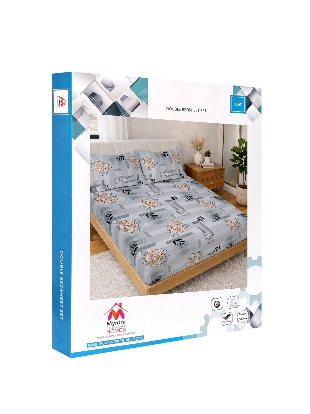 Myntra Elegant Homes Grey Floral 300 TC King Double Bedsheet dengan 2 Sarung Bantal