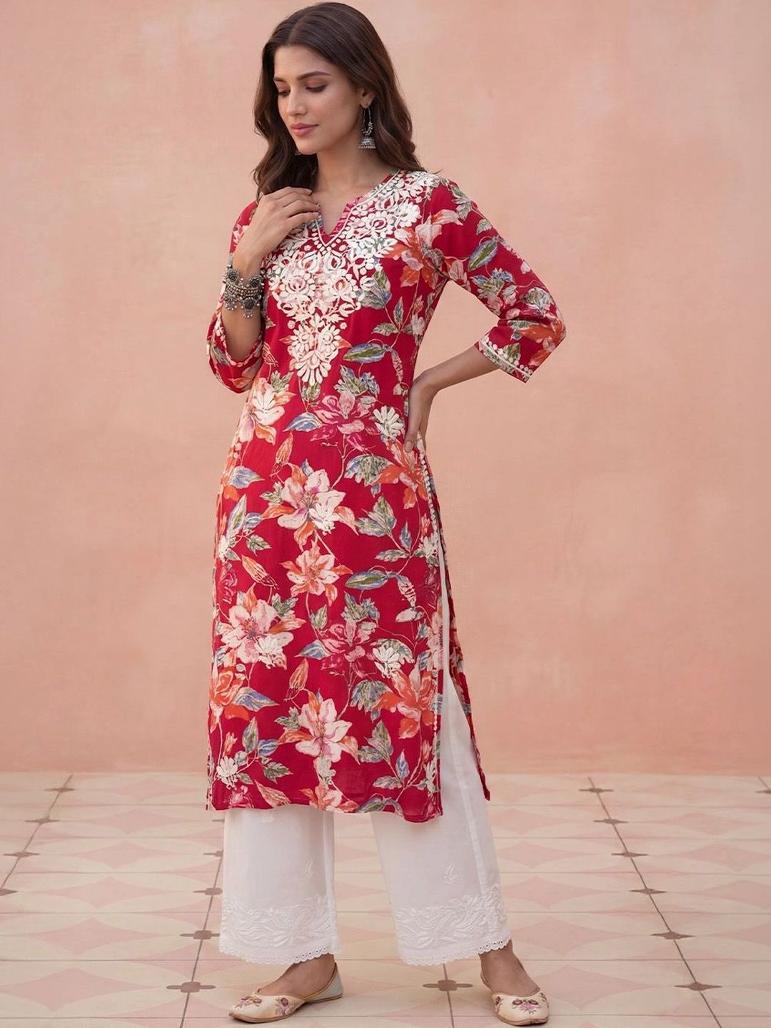 Rumah Wanita Chikankari Floral Printed Chikankari Floral Kurta