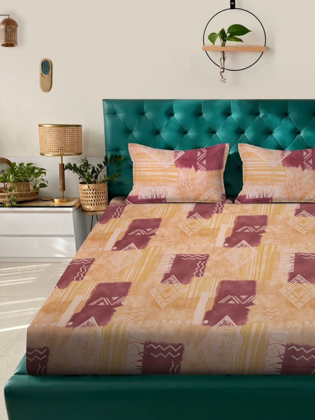 Myntra Elegant Homes Beige Geometric Pure Cotton 400 TC Fitted King Superfine Bedsheet dengan 2 Sarung Bantal-89 x 98 inci