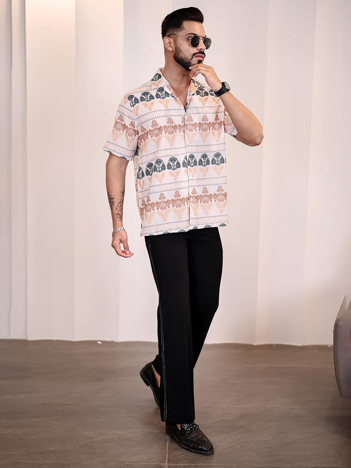Eszett Men Ethnic Motifs Printed Cuban Collar Linen Casual Shirt