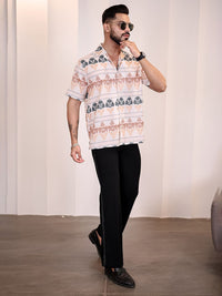 Eszett Men Ethnic Motifs Printed Cuban Collar Linen Casual Shirt