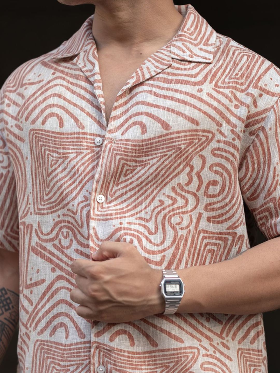 Powerlook Men Cuban Collar Abstract Printed Oversized Casual Shirt
