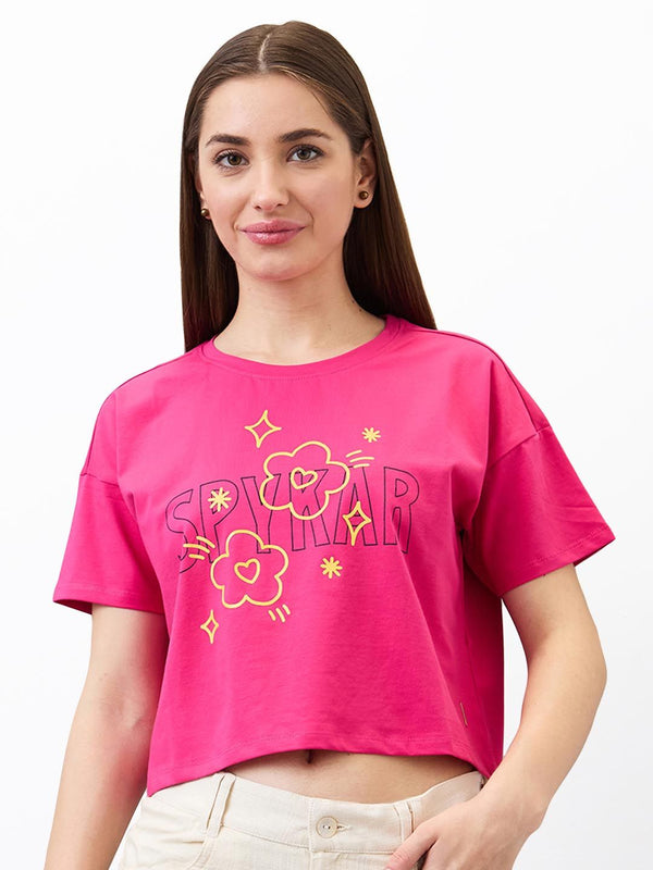SPYKAR Women Typography Printed Round Neck Cotton Boxy T-shirt