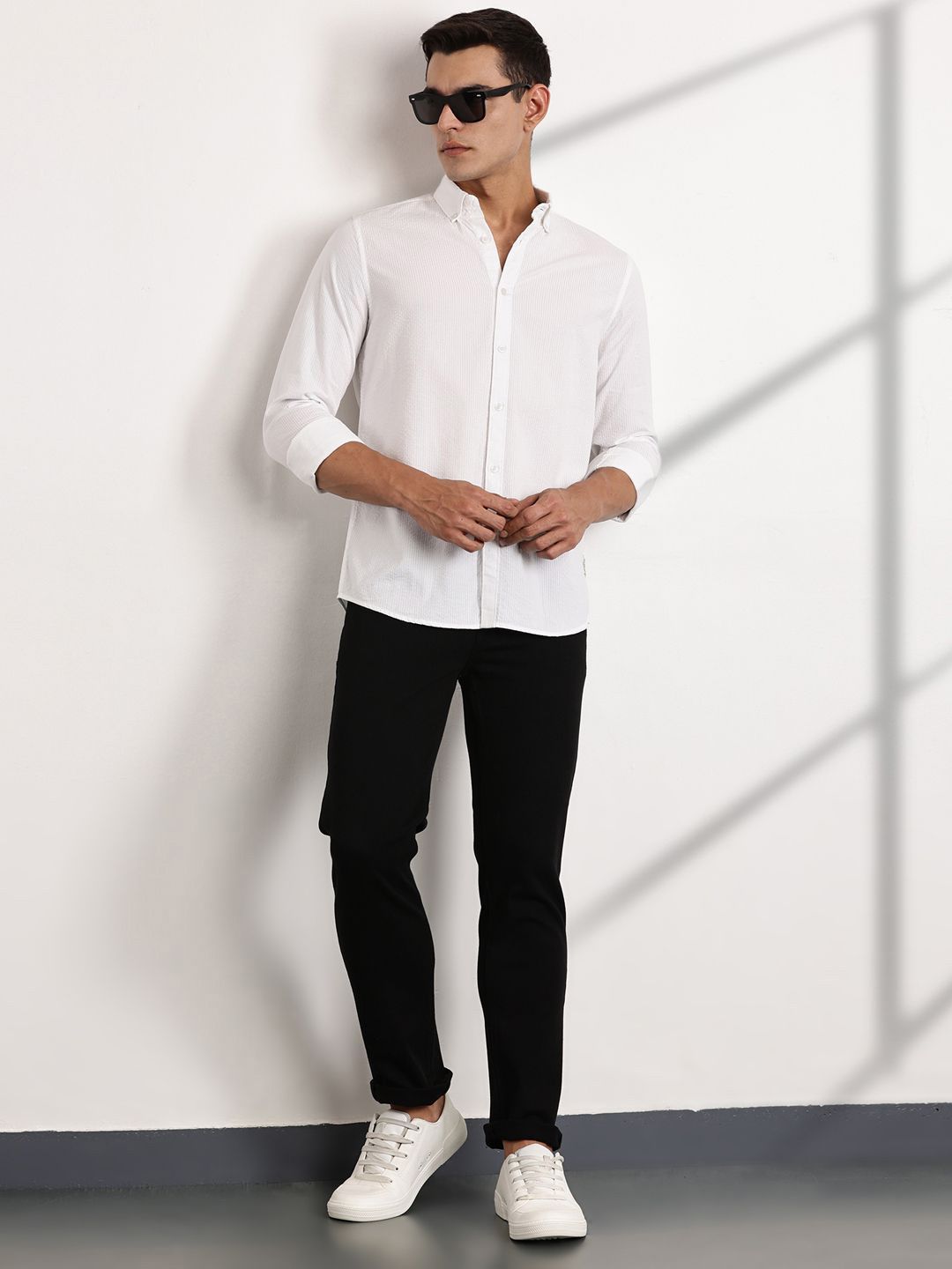 Thomas Scott Men Premium Regular Fit Long Sleeves Pinstripes Casual Shirt