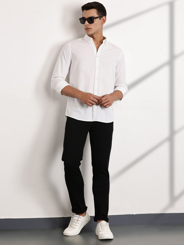 Thomas Scott Men Premium Regular Fit Long Sleeves Pinstripes Casual Shirt