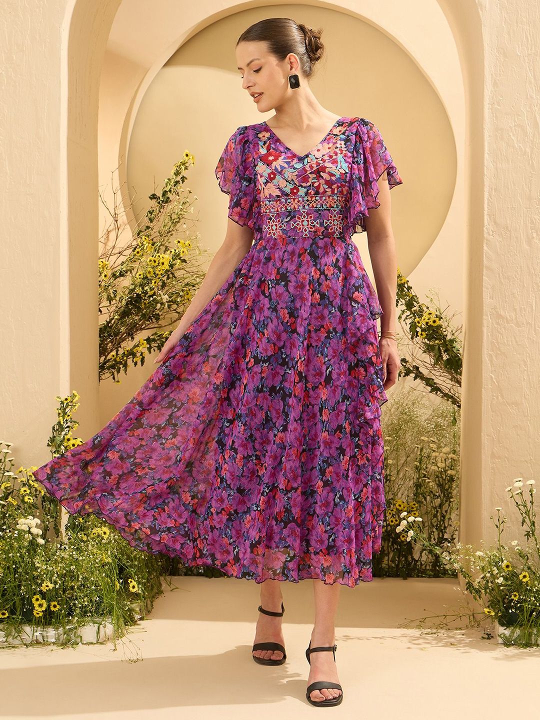 Antheaa Women embroidered & Floral Printed Flared Sleeves Fit and Flare Maxi Dress