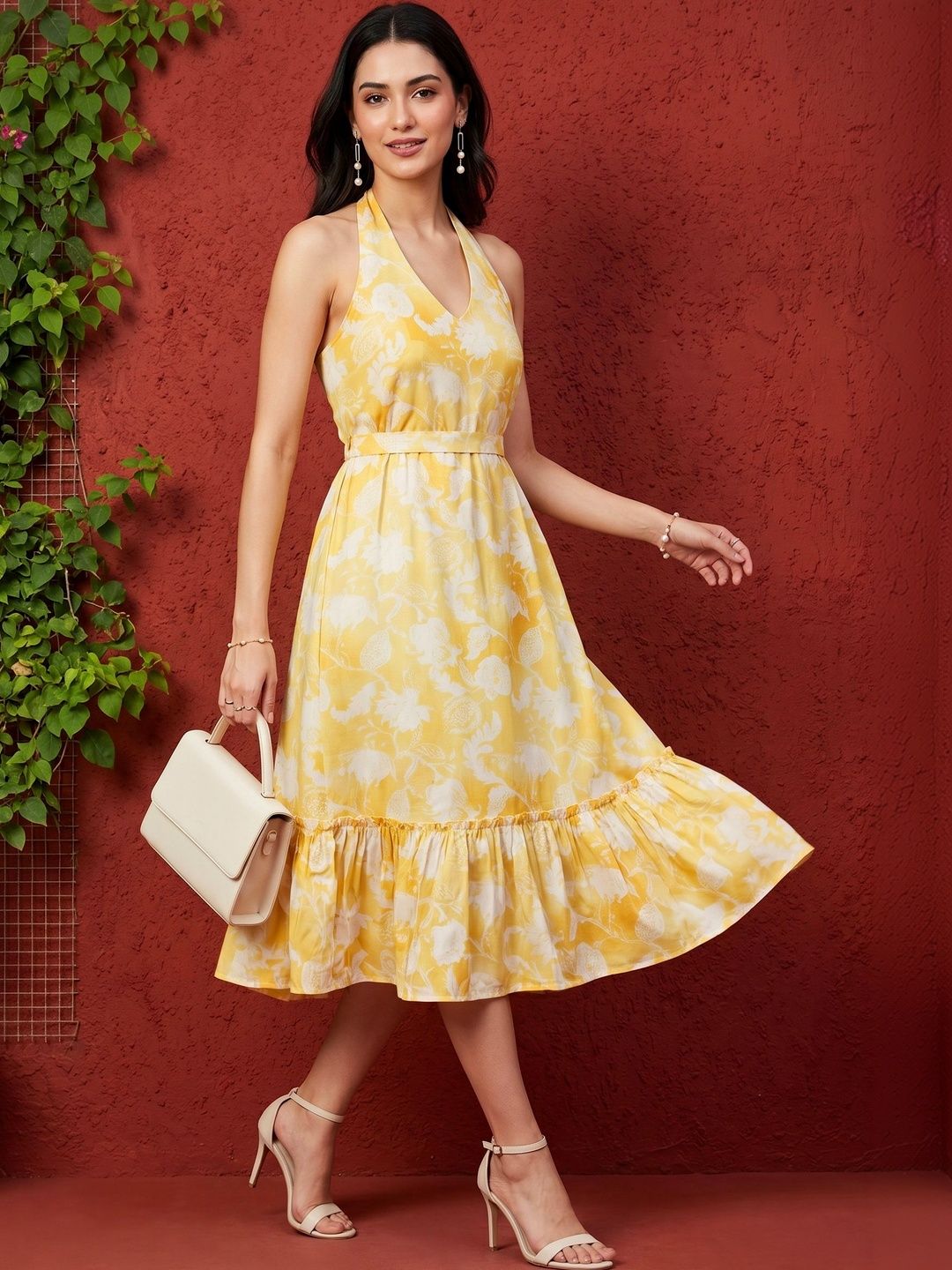Pakaian Midi A-Line Cetakan Bunga Mamicha Halter Leher Crepe