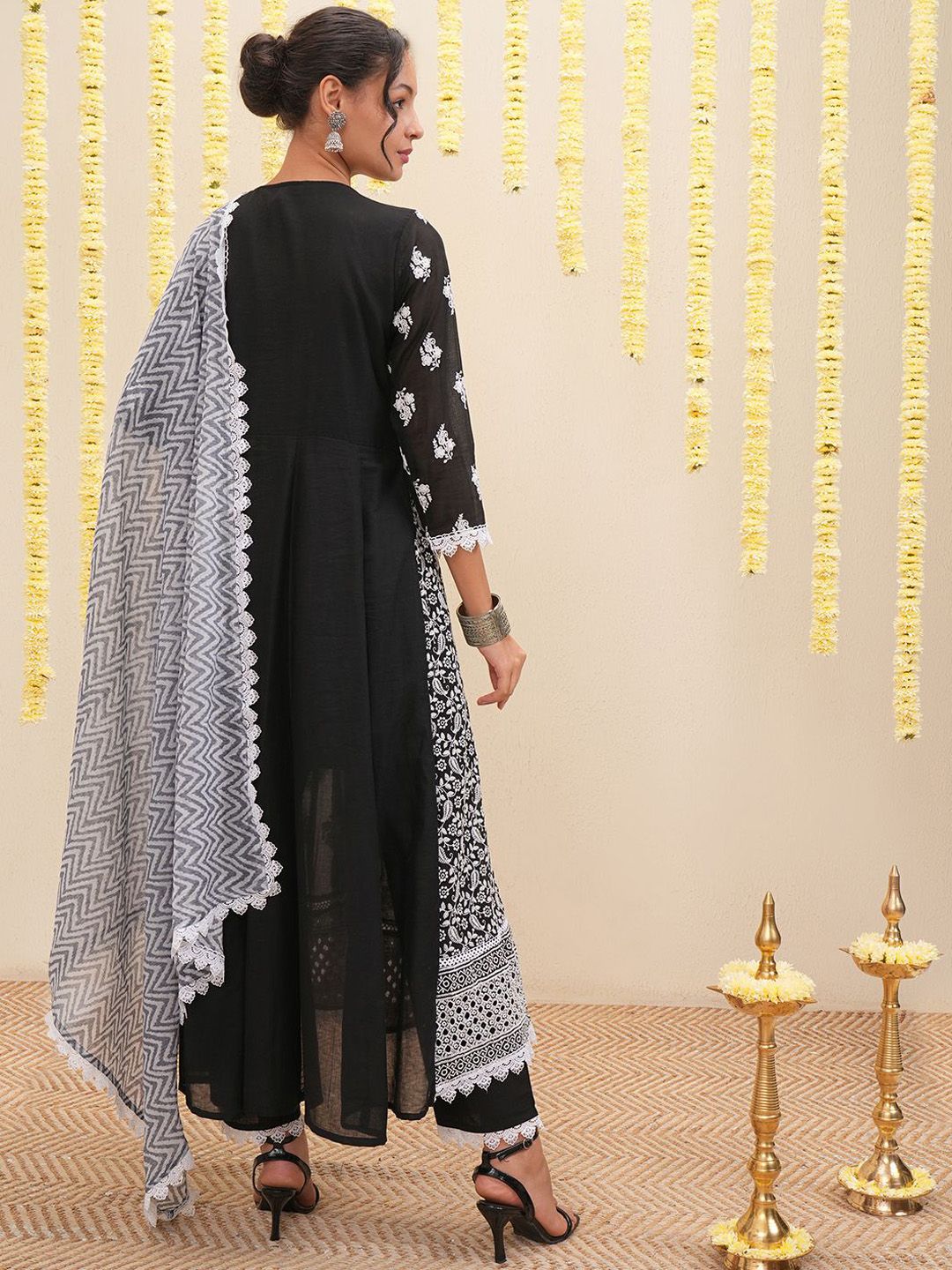 Vishudh Floral Embroidered Pure Cotton Anarkali Kurta & Trousers With Dupatta