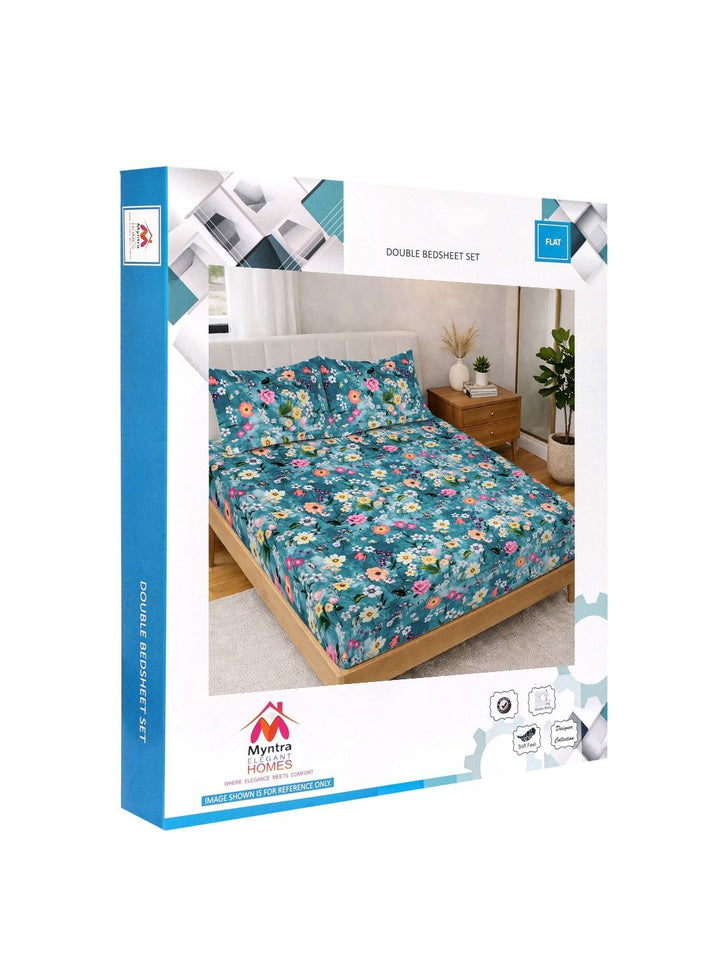 Myntra Elegant Homes Blue Floral 300 TC King Double Bedsheet with 2 Pillow Covers