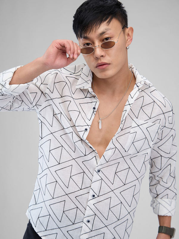 VASTRADO Men Classic Spread Collar Geometric Printed Cotton Slim Fit Casual Shirt