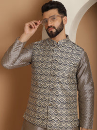 Motif Etnik Kelabu Anouk Rekaan Tenun Kurta Lurus Dengan Jaket Churidar & Nehru