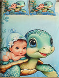 Myntra Elegant Homes Blue Cartoon Characters 300 TC Bedsheet with 2 Pillow Covers
