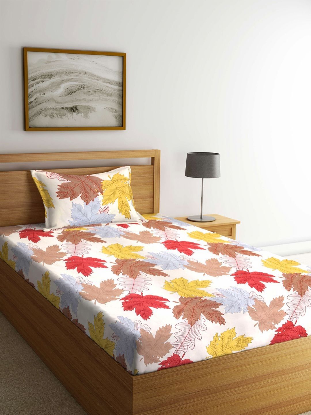 Myntra Elegant Homes White Leaf Cotton 300 TC Single Fine Bedsheet with a Pillow Cover-215 x 150 cm
