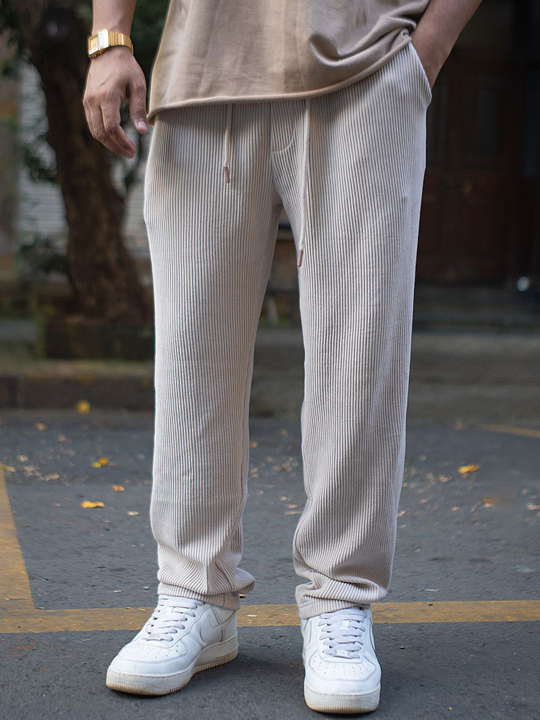 Powerlook Men Light Beige Corduroy Regular Fit Track Pant