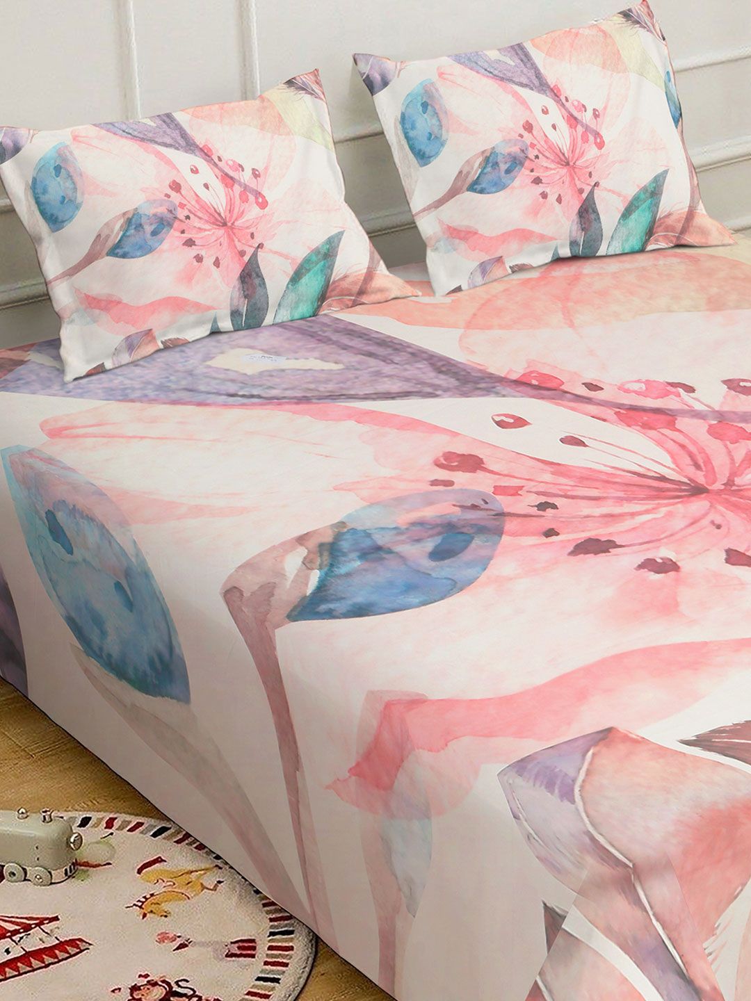 White & Pink Floral Printed Fitted 7D 400 TC Double King Bedsheet With 2 Pillow Cover