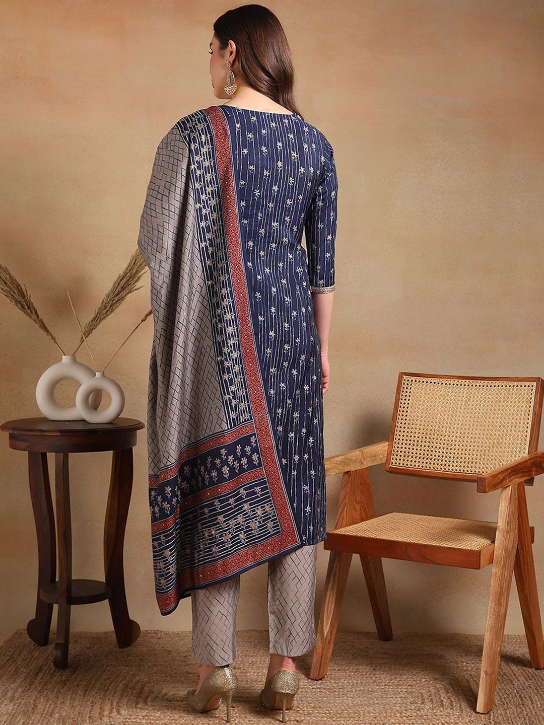 KALINI Floral Embroidered Zari Straight Silk Blend Kurta With Trousers & Dupatta