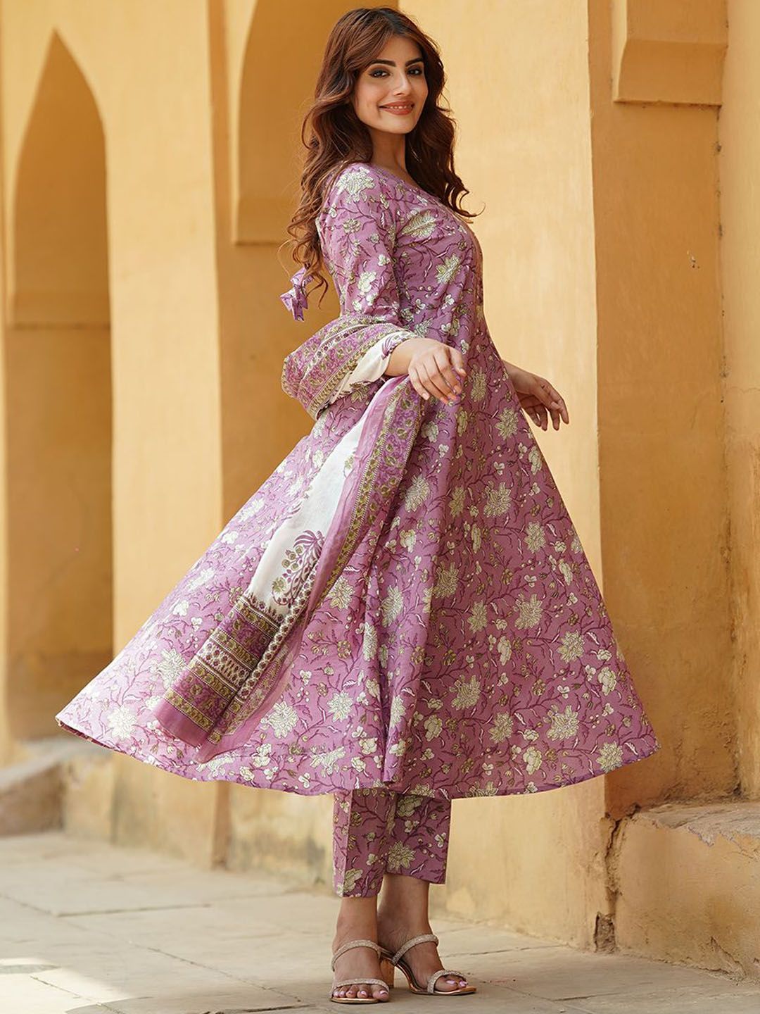 KALINI Floral Printed Regular Pure Cotton Anarkali Kurta with Trousers & Dupatta