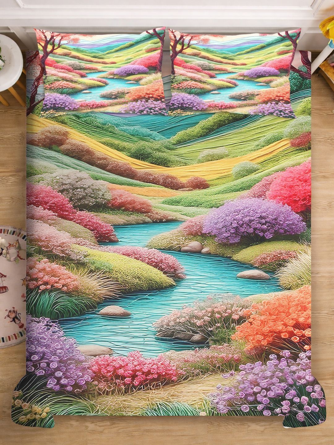 Red & Green Floral Printed Fitted 7D 400 TC Double King Bedsheet With 2 Pillow Cover