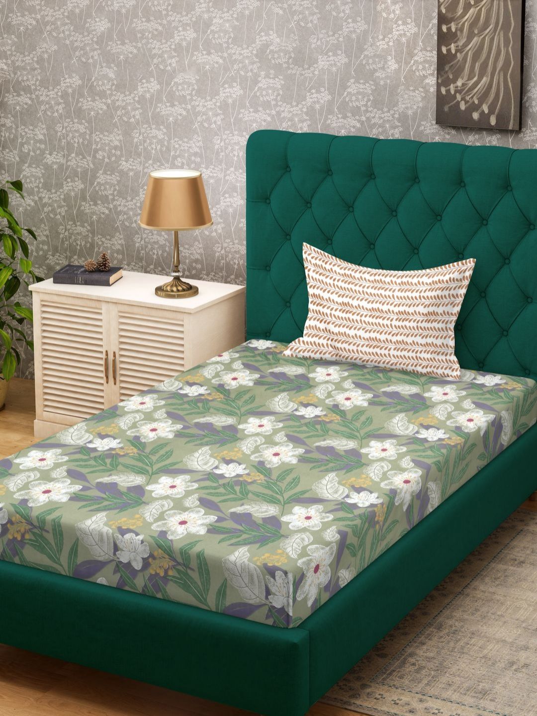 KLOTTHE Green & White Floral Printed 300 TC Single Bedsheet Set 2.25 m x 1.5 m