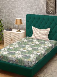 KLOTTHE Green & White Floral Printed 300 TC Single Bedsheet Set 2.25 m x 1.5 m