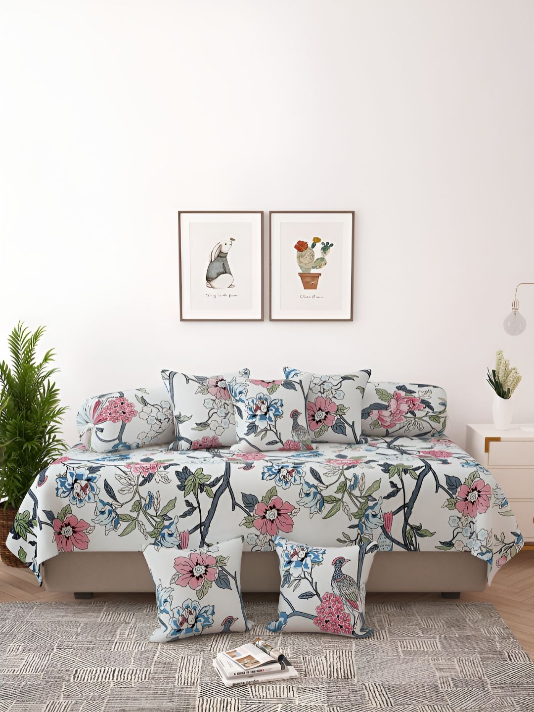 Story@home White & Pink 8 Pieces Floral Printed Satin Finish Diwan Set